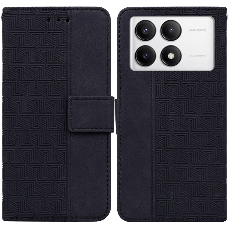 Geometric embossed leather phone case with flip cover, dark navy/black, camera lens cutout.