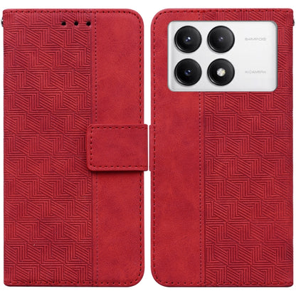 Geometric embossed leather phone case with flip cover, red, magnetic strap detail.