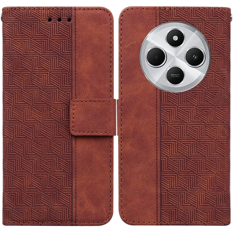Brown geometric embossed leather phone wallet case with magnetic flap and triple camera cutout