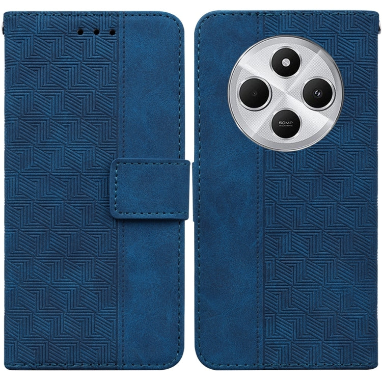 Blue geometric embossed leather phone wallet case with magnetic flap and triple camera cutout