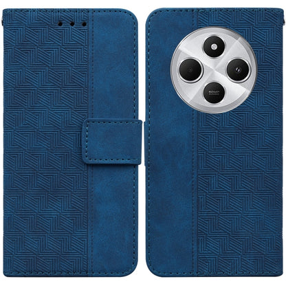 Blue geometric embossed leather phone wallet case with magnetic flap and triple camera cutout