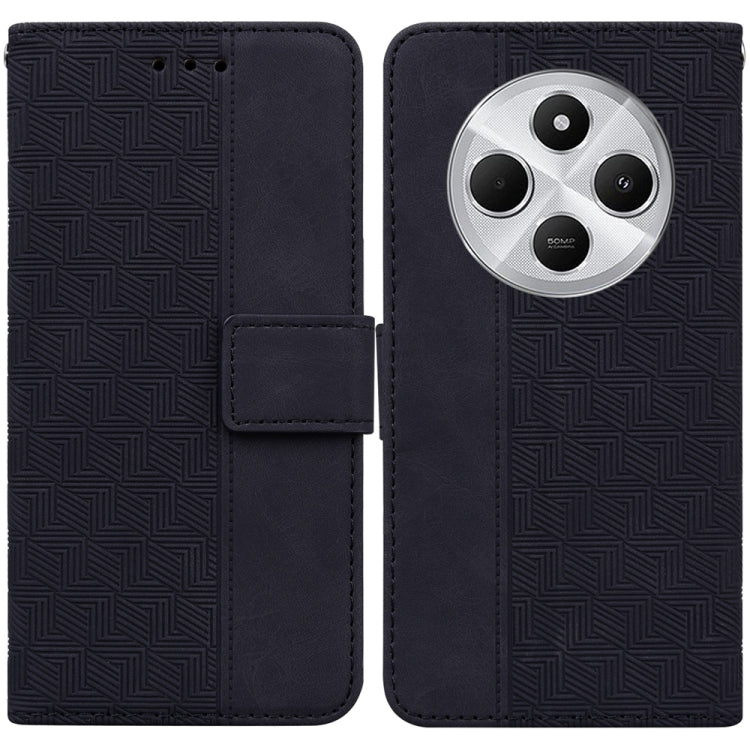 Black geometric embossed leather phone wallet case with magnetic flap and triple camera cutout