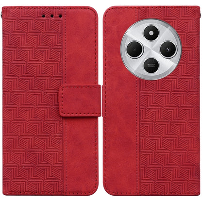 Red geometric embossed leather phone wallet case with magnetic flap and triple camera cutout