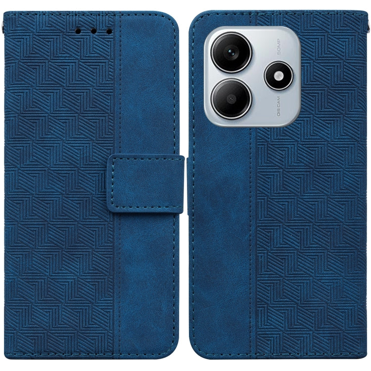 Geometric embossed leather phone case with folio flap, blue, card slot, camera cutout.