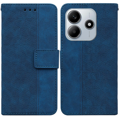 Geometric embossed leather phone case with folio flap, blue, card slot, camera cutout.