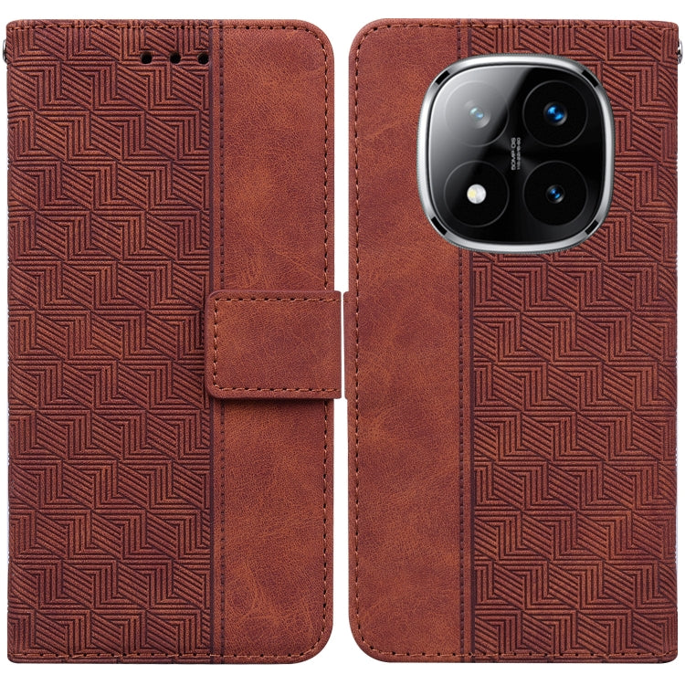 Geometric embossed leather phone case with folio flap, brown, card slot, camera cutout.