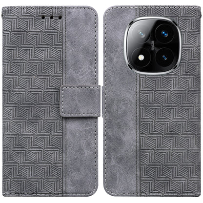 Geometric embossed leather phone case with folio flap, gray, card slot, camera cutout.