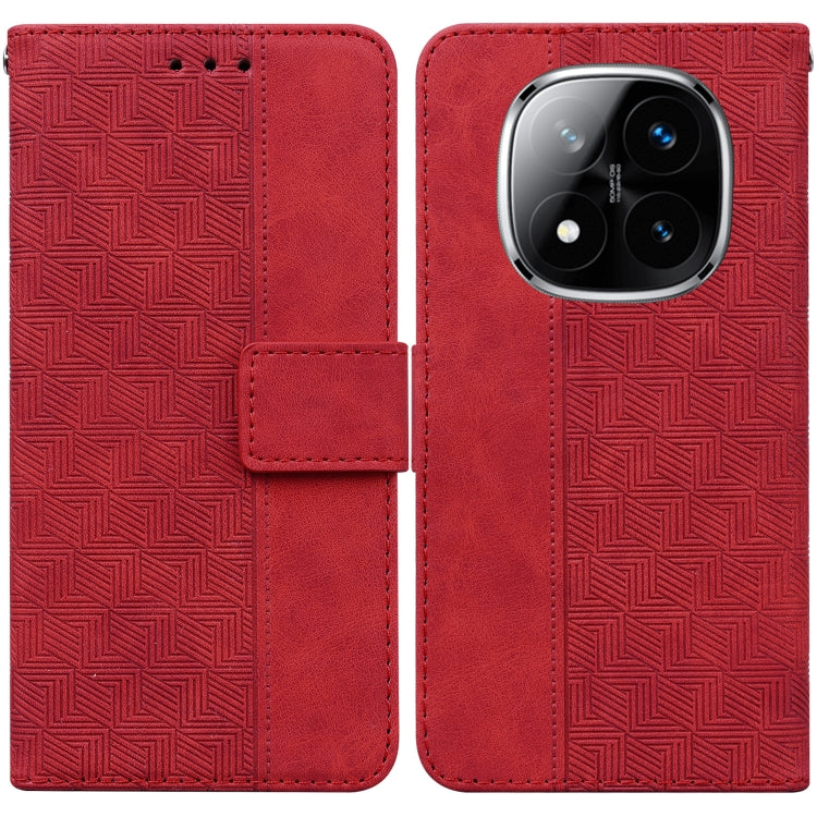 Geometric embossed leather phone case with folio flap, red, card slot, camera cutout.
