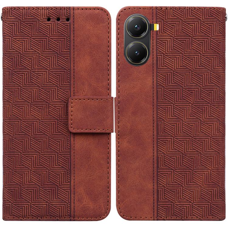 Brown geometric embossed leather phone wallet case with flip cover and camera cutouts