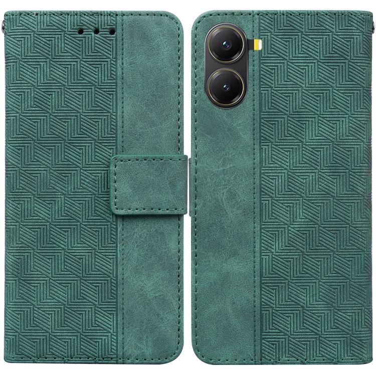 Green geometric embossed leather phone wallet case with flip cover and card pocket
