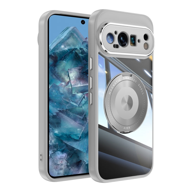 Frosted white hybrid phone case with MagSafe-style magnetic ring and triple-camera cutout