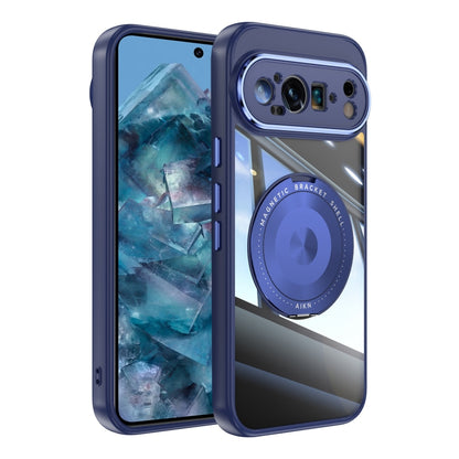 Blue hybrid phone case with MagSafe-style magnetic ring and triple-camera cutout