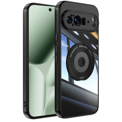Black hybrid phone case with clear back, magnetic ring holder, and camera cutouts.