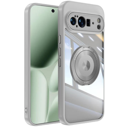 Light grey hybrid phone case with clear back, magnetic ring holder, and camera cutouts.
