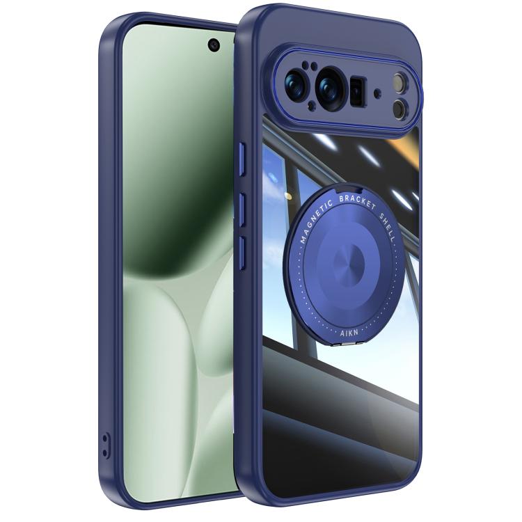 Navy hybrid phone case with clear back, magnetic ring holder, and camera cutouts.