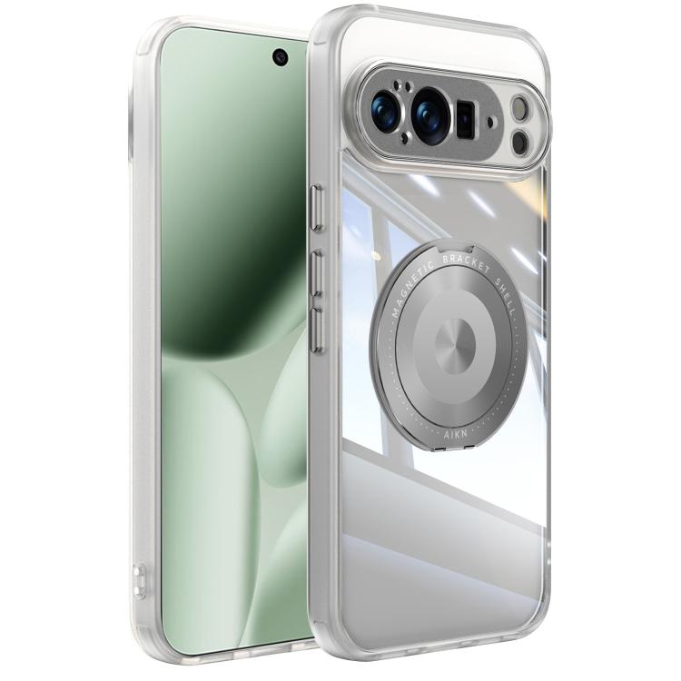 Clear hybrid phone case with magnetic ring holder, and camera cutouts.