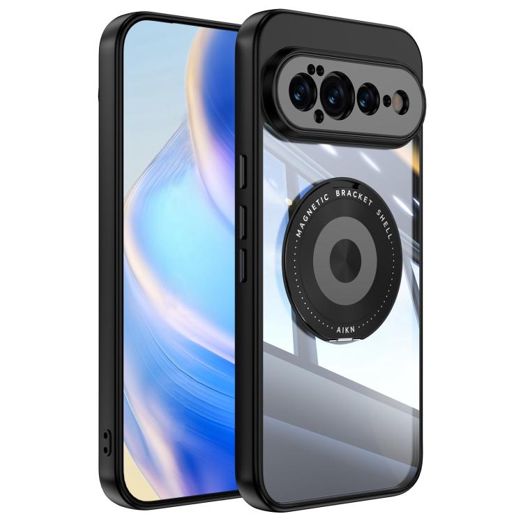MagSafe hybrid phone case with magnetic ring holder, black translucent back and raised camera trim