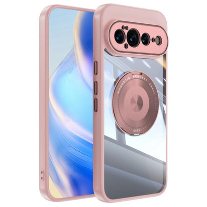 MagSafe hybrid phone case with magnetic ring holder, pink translucent back and matching bumper