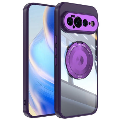 MagSafe hybrid phone case with magnetic ring holder, purple translucent back and black protective edges