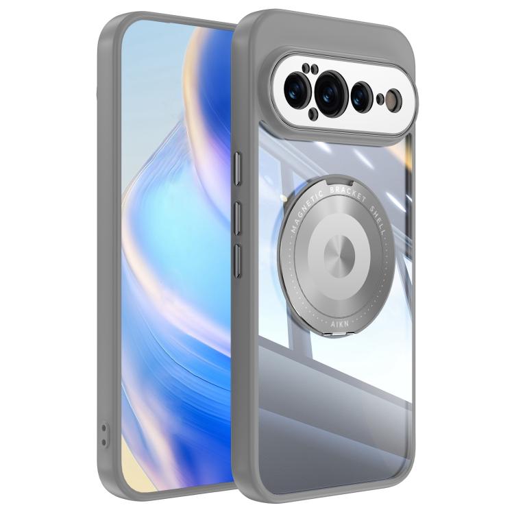 Grey hybrid phone case with clear back, magnetic ring holder, and camera cutouts.