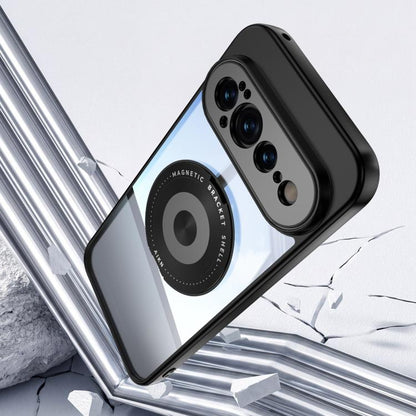 MagSafe phone case with clear acrylic window, black bumper, and magnetic ring