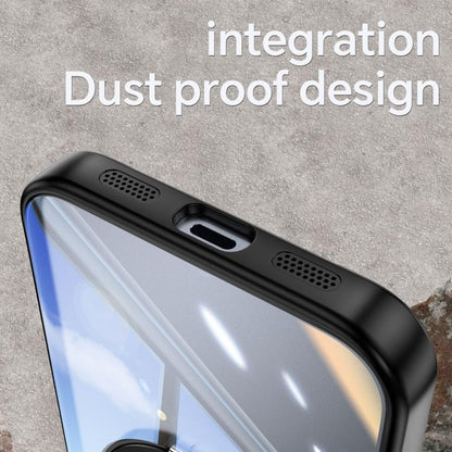 Black hybrid phone case with dust-protected speaker and charging port cutouts