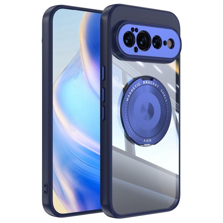 MagSafe phone case with blue bumper, clear acrylic back, and magnetic ring mount