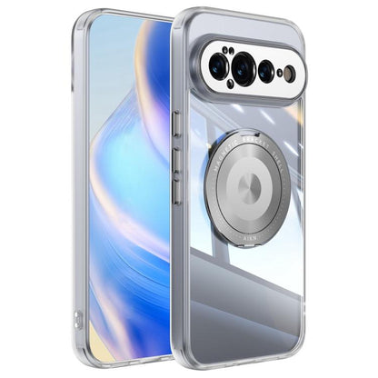 MagSafe hybrid phone case with magnetic ring holder, clear silver frame and corner protection