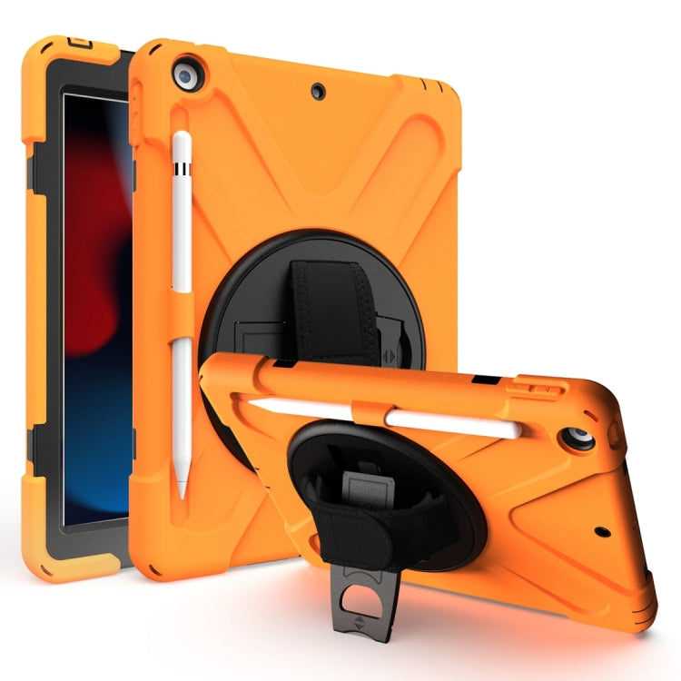 Orange shockproof tablet protective case with round kickstand, hand strap, and pen holder