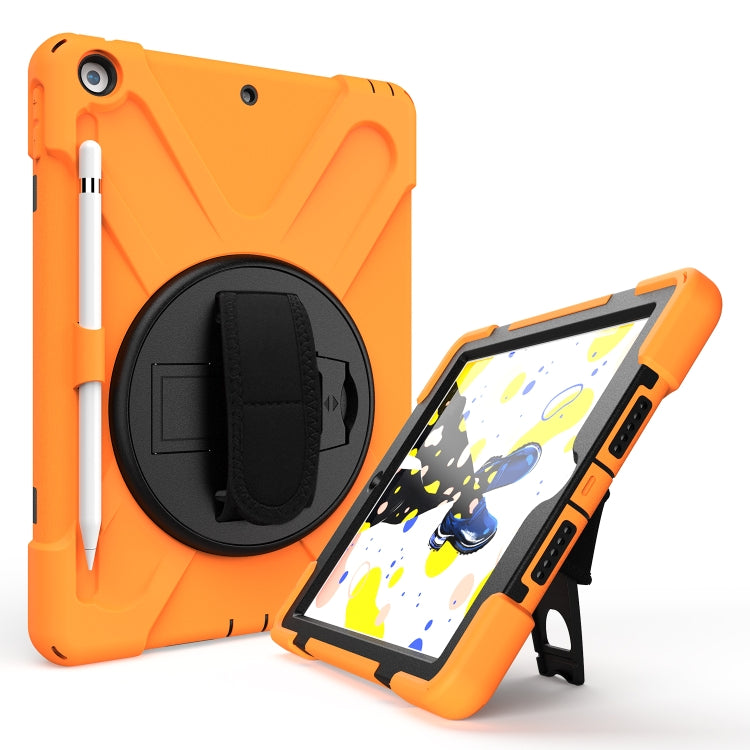 Orange shockproof tablet case with round kickstand and hand strap, showing tablet support