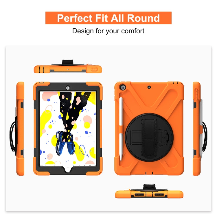 Orange rugged tablet case with round kickstand and pen holder, full protective shell