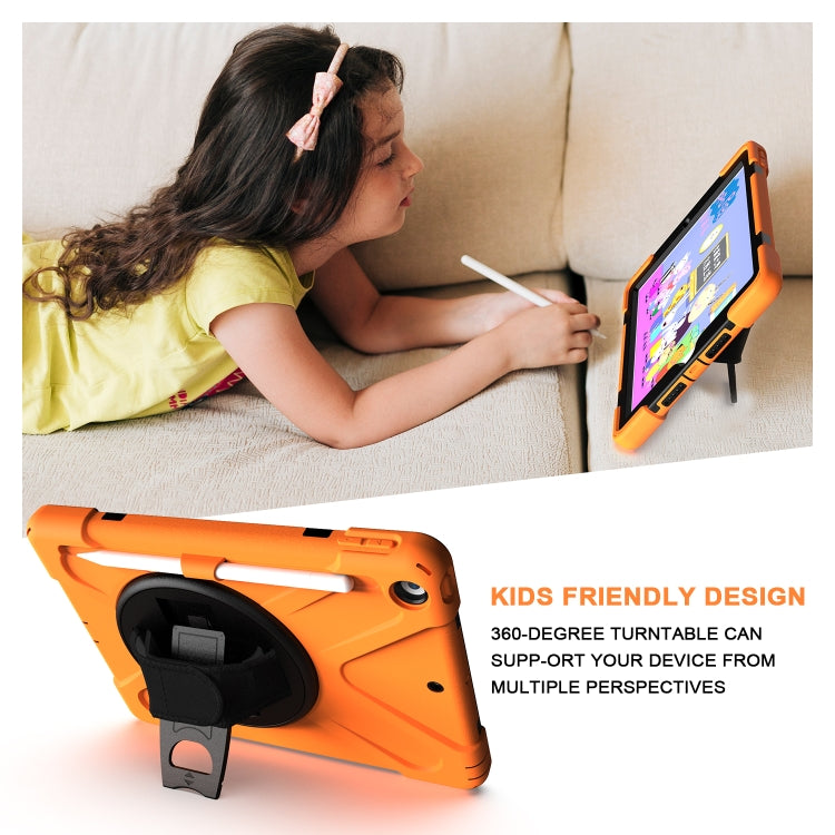 Orange rugged tablet case with round turntable kickstand and built-in pen holder
