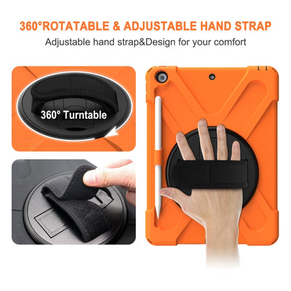 Orange tablet case with rotatable round kickstand and adjustable hand strap