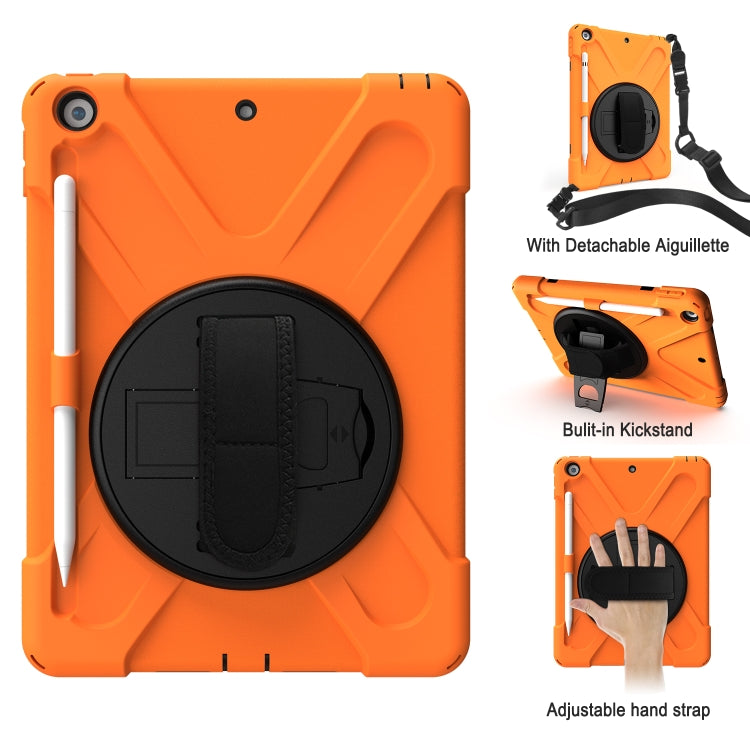 Orange shockproof tablet case with round kickstand, built-in pen holder, and hand strap