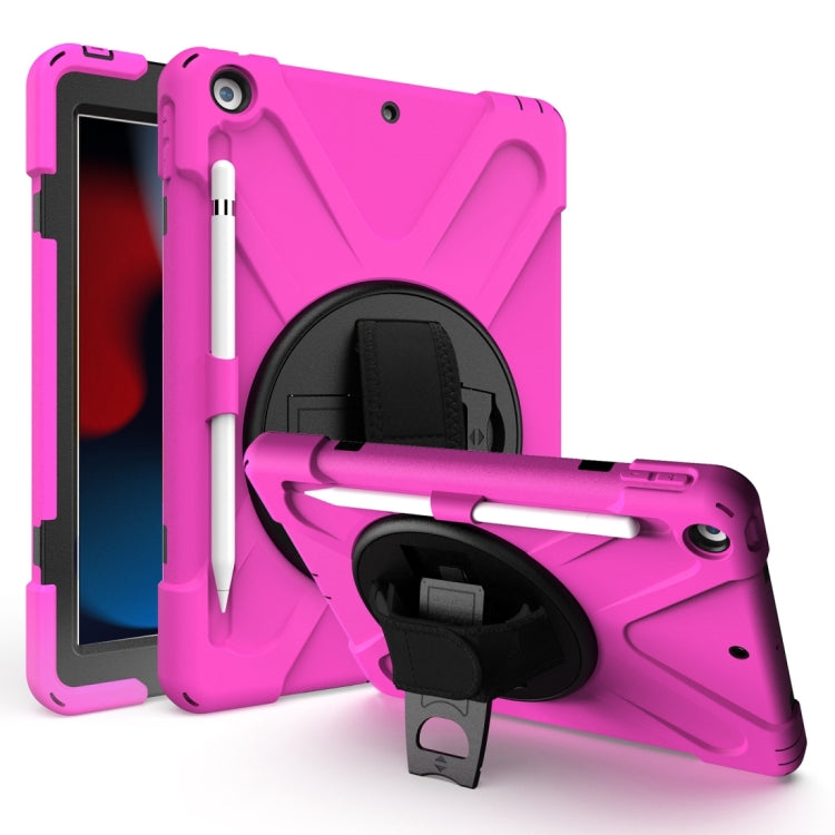 Shockproof tablet case in pink with rotating holder, pen slot, and hand strap