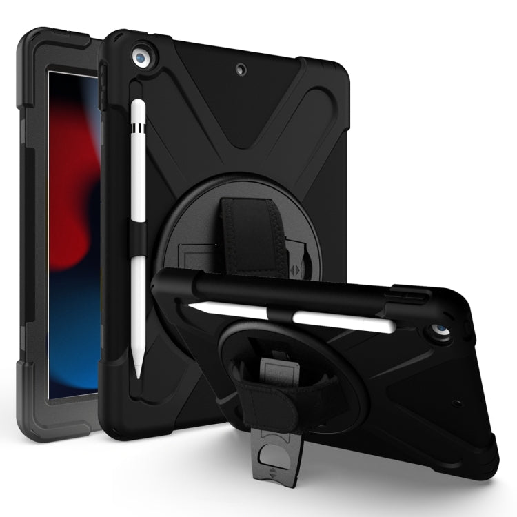 Black shockproof tablet protective case with round kickstand, hand strap, and pen holder