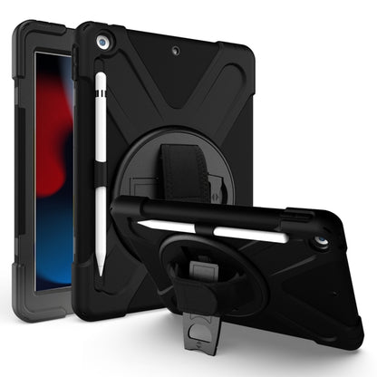 Black shockproof tablet protective case with round kickstand, hand strap, and pen holder