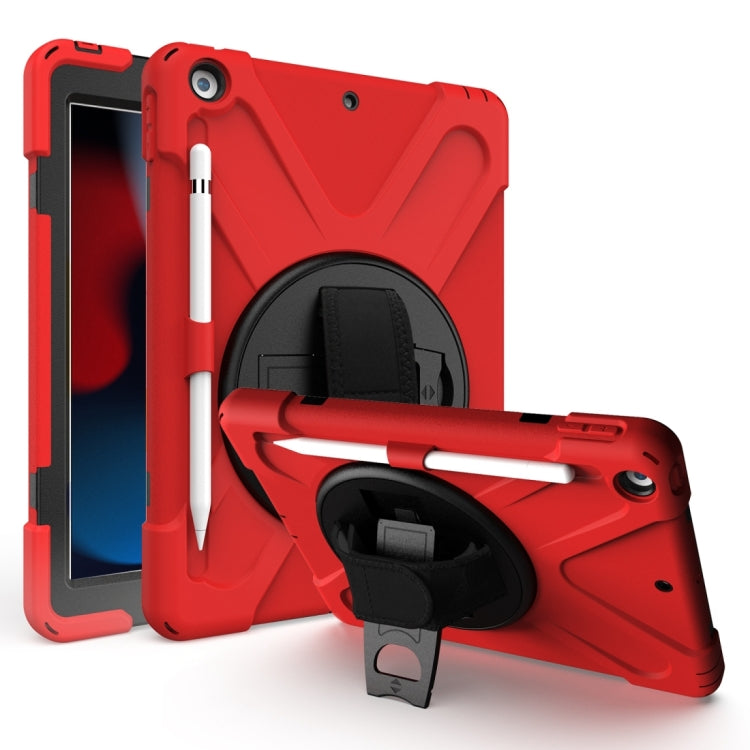 Shockproof tablet case in red with rotating holder, pen slot, and hand strap