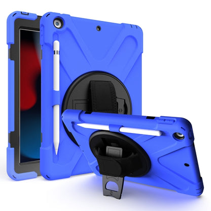 Shockproof tablet case in blue with rotating holder, pen slot, and kickstand