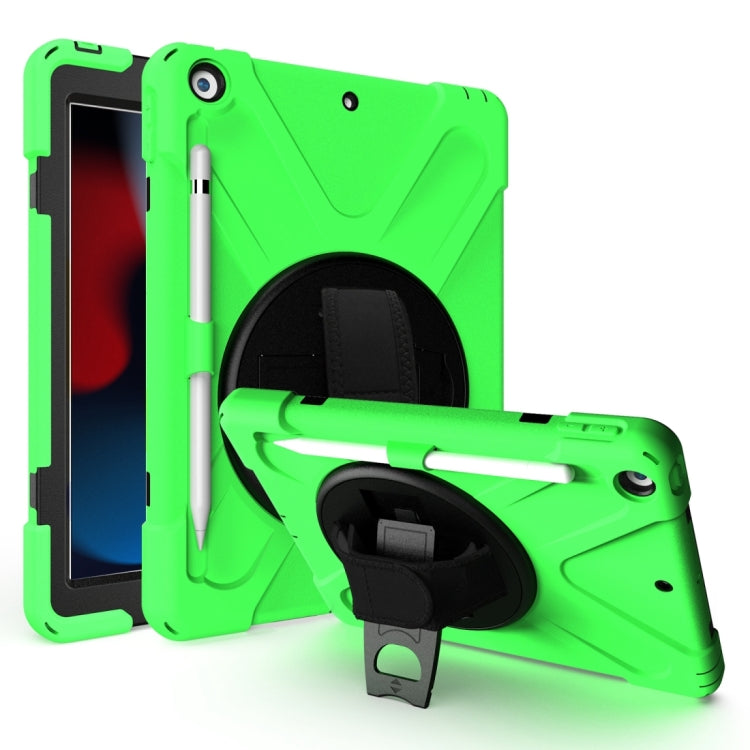 Shockproof tablet case in bright green with rotating holder, pen slot, and hand strap