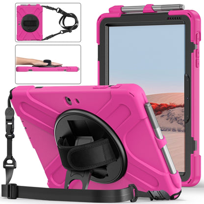 Shockproof tablet case in magenta pink with rotating holder, pen slot, and kickstand
