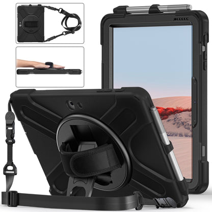 Shockproof tablet case in black with rotating holder, pen slot, and shoulder strap