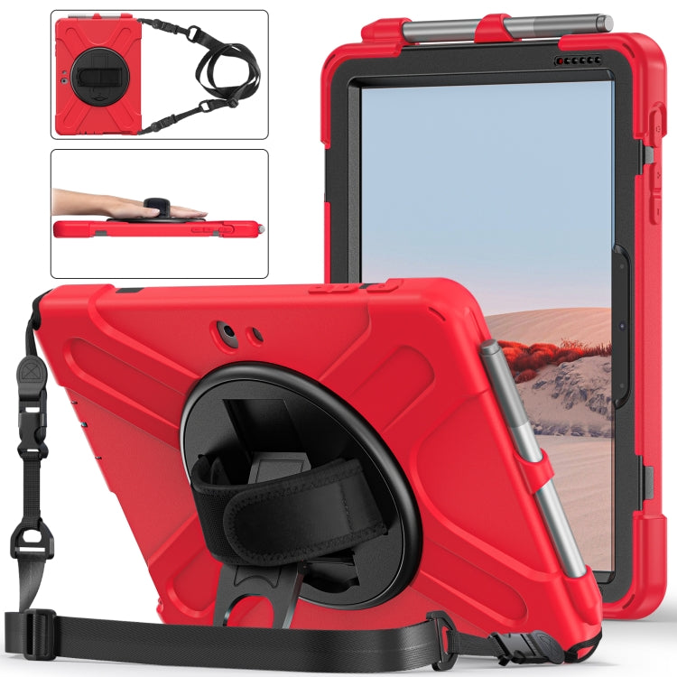 Red rugged tablet protective case with built-in hand strap and shoulder strap holder