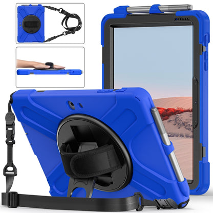 Shockproof tablet case in royal blue with rotating holder, pen slot, and shoulder strap