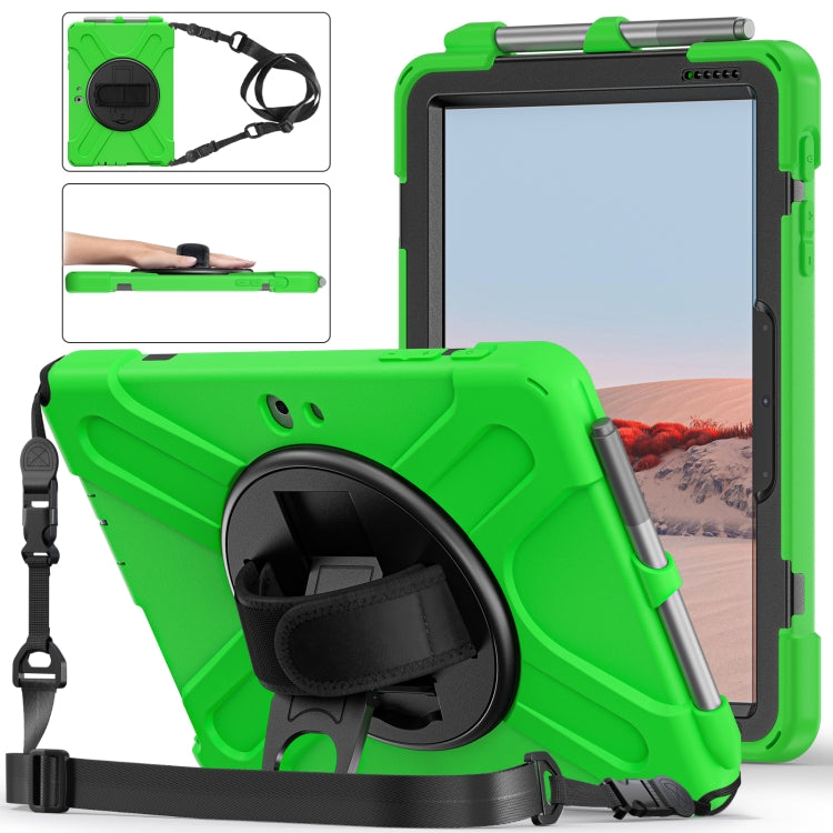 Shockproof tablet case in green with rotating holder, pen slot, and shoulder strap