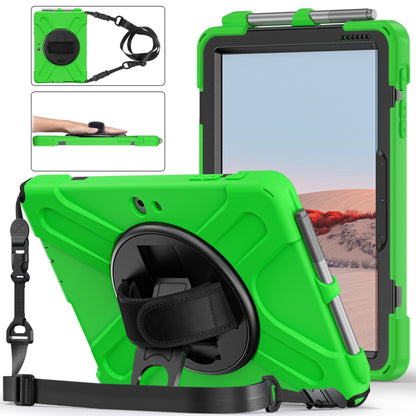Shockproof tablet case in green with rotating holder, pen slot, and shoulder strap