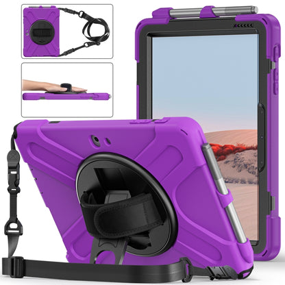 Shockproof tablet case in violet purple with rotating holder, pen slot, and shoulder strap