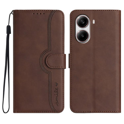 Brown heart-pattern leather wallet phone case with wrist strap and card slot