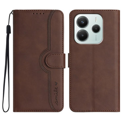 Brown heart-pattern leather wallet phone case with wrist strap and camera cutout