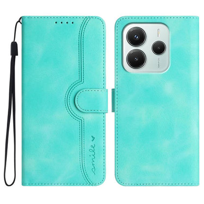 Light blue heart-pattern leather wallet phone case with wrist strap and camera cutout